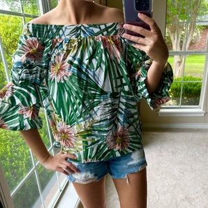 Off the Shoulders Palm Tree Print with Flowers